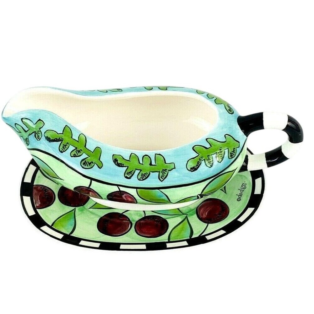Signature Gravy Boat w Under Plate Harvest by Ursula Dodge Green Black Cherries